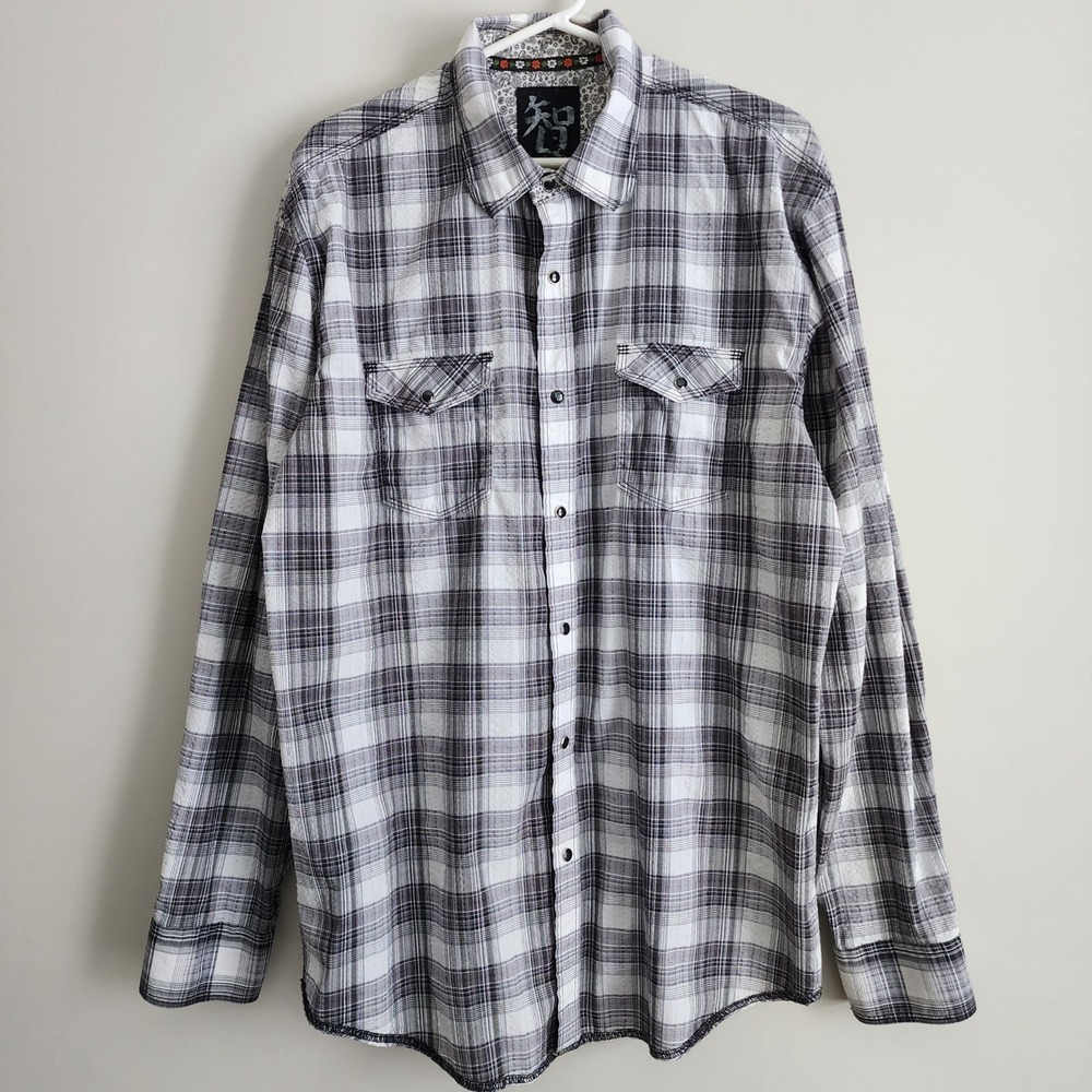 Age of Wisdom Plaid Snap Button Shirt Mens XL Black White Paisley Trim Western
